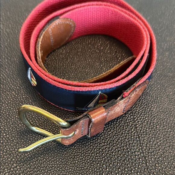 Hand made in Essex.CT Sailboat Fabric/ Leather Belt with Brass Buckle size 42 - Picture 1 of 6